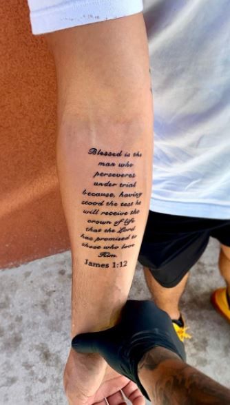 Scripture On Arm Tattoo, Bible Words Tattoo Design, Men’s Scripture Tattoos, Scripture Leg Tattoos For Men, Forearm Verse Tattoo, Men’s Bible Tattoos, Men Scripture Tattoos, Isaiah 54:17 Tattoo Men, Scripture Reference Tattoo