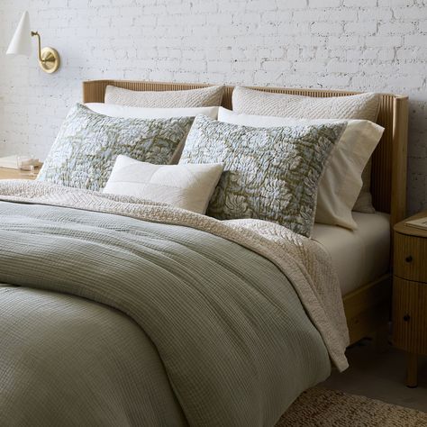 Green Bedding Master, Green Bedding Bedroom, Sage Bedding, Neutral Duvet, 1800s Home, 2023 Apartment, Best Beds, West Elm Bedding, Welcome To My Crib