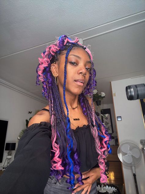 Pink Purple Blue Box Braids, Blue And Pink Box Braids, Blue And Purple Box Braids, Pink And Purple Box Braids, Purple And Pink Braids, Blue And Purple Braids, Brown And Purple Braids, Split Dye Braids, Pink Purple Braids