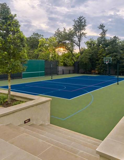 Seneca - Tatum Brown Custom Homes (Dallas, Texas) Tennis And Basketball Court, Divine Frequency, Tennis Court Backyard, Backyard Skatepark, Ranch Makeover, Modern Mediterranean Home, Home Basketball Court, Backyard Sports, Outdoor Basketball Court