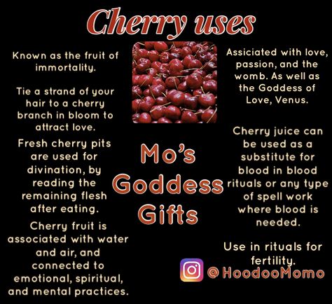 Uses for Cherries Cherry Spiritual Meaning, Cherry Magical Properties, Cherry Witchcraft, Plant Correspondences, Kitchen Spells, Witchy Supplies, Grimoire Inspiration, Magical Herbs Witchcraft, Hoodoo Conjure Rootwork