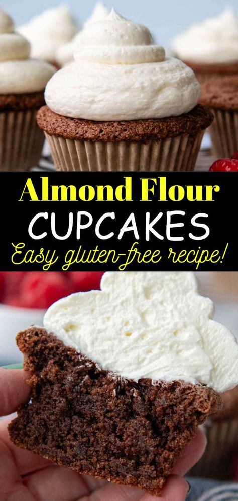 Avoid common almond flour baking issues with this easy and well-tested recipe! These almond flour cupcakes use a simple trick to achieve light, fluffy results with perfectly rich chocolate flavor. What's the secret for achieving the best texture? Whipping the egg whites separately aerates the crumb to offset grain-free flour's heavier consistency. Top this naturally gluten-free dessert with a mound of almond frosting and you'll be in cupcake heaven! Almond Flour Cupcake Recipes, Almond Flour Cupcakes, Gluten Free Bisquick Recipes, Gaps Desserts, Mamagourmand Recipes, Almond Flour Baking, Almond Flour Recipes Cookies, Almond Frosting, Frosting Buttercream