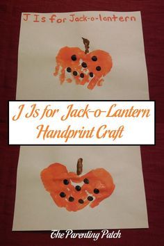 J is for Jack-o-lantern! Make a letter J Jack-o-lantern craft with handprints and fingerprints using nontoxic paint. Letter H Crafts For Preschoolers Halloween, J Crafts For Toddlers, October Preschool Themes, Handprint Alphabet, Handprint And Footprint Crafts, Letter J Crafts, Make A Letter, J Craft, Green Frogs