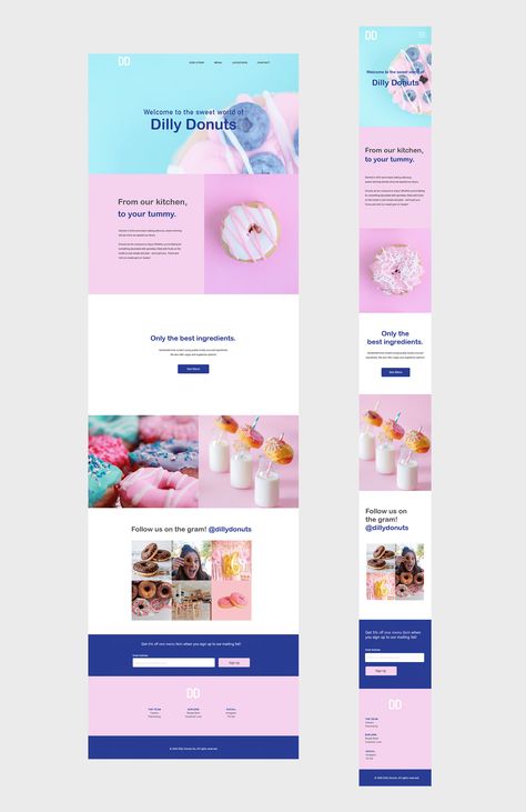 Website desktop and mobile mockups for donut shop website. Donut Website Design, Pastel Web Design, Website Mockup Design, Website Branding Design, Web Design Mockup, 블로그 디자인, Web Design Portfolio, Web Design Websites, Website Design Inspiration Layout