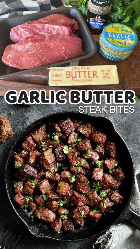 Steak Bites With Garlic Butter, Cast Iron Skillet Recipes Dinner, Garlic Butter Steak Bites, Butter Steak Bites, Steak Dinner Recipes, Round Steak Recipes, Skillet Steak, Ribeye Steak Recipes, Butter Steak