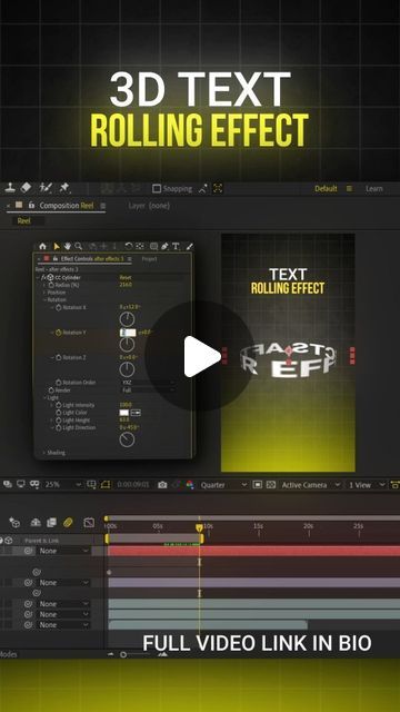 Sultan | VFX | Graphic & Motion Design | on Instagram: "AE 07/100 3d Rolling Text Effect in AE, Follow @sultan_vfx_  For more ✨ Bring your text to life with a mesmerizing 3D Rolling Effect in Adobe After Effects! This quick tutorial shows you how to create dynamic and eye-catching 3D text animations that roll smoothly. Perfect for making your intros and titles pop! 🌟  #AfterEffects #3DText #TextAnimation #RollingEffect #AETutorial #MotionGraphics #VideoEditing #CreativeEffects #Animation #AdobeAfterEffects #DesignTips #GraphicDesign #Filmmaking #VisualEffects" Motion Animation After Effects, Text Animation After Effects, Graphic Motion, Adobe After Effects Tutorials, Vfx Tutorial, Up Animation, After Effect Tutorial, Text Animation, Design Hack