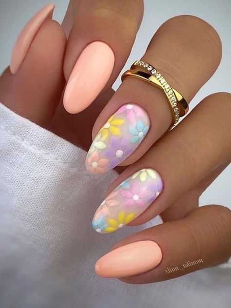 Summer Nails Bright Colors, Summer Oval Nails, Peach Nail Designs, Peach Colored Nails, Peach Nail Polish, Fun Manicure, Nails Pastel, April Nails, Peach Nails