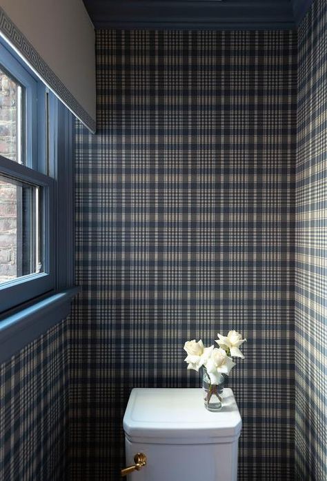 Water Closet with Blue and Gray Plaid Wallpaper - Cottage - Bathroom Gray Plaid Wallpaper, Grey Plaid Wallpaper, Grey Floral Wallpaper, White Valance, Design Toilet, Blue Painted Walls, Geometric Floor, Plaid Wallpaper, Cottage Bathroom