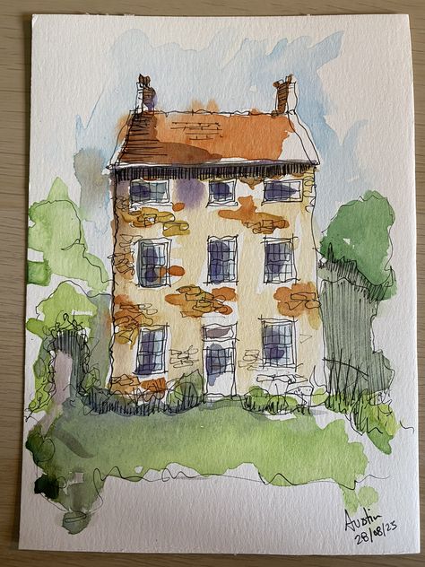 A quick sketch in pen and watercolour of a detached house in the country House Sketch, Pen And Watercolor, Detached House, Sketch, Pen