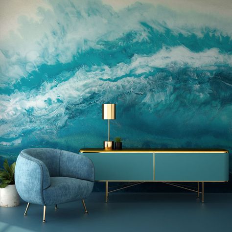 Dive into a stunning new sea-themed wallpaper collection - Irresistible Designer Wallpaper | Modern Luxury Wall Murals - Feathr™ Mural Wall Art River, Waves Bathroom Wallpaper, Wall Paint Patterns Waves, Nature Wall Blue Art, Blue Waves Wallpaper Bathroom, Mural Wallpaper Water, Wave Bedroom Wallpaper, Teen Room Blue Wallpaper, Ocean Themed Bedroom Artwork