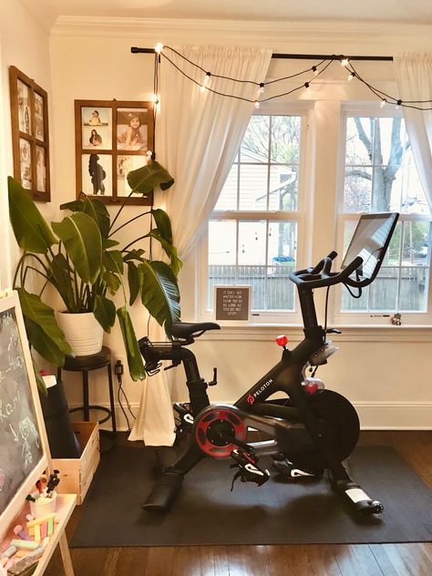 This is my current living room set up for my Peloton bike. Peloton Home Gym, Peloton Room Ideas, Peloton Room, Workout Room Ideas Home, Workout Room Home, Bike Room, Gym Room At Home, Workout Room, Gym At Home