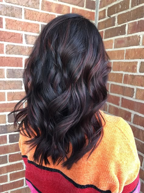 Dark Hair With Fall Highlights, Black Hair With Deep Red Highlights, Black Hair Warm Highlights, Dark Cherry Highlights On Dark Hair, Cherry Cola Balayage On Black Hair, Dark Brown Hair With Red Tint, Cherry Cola Balayage, Plum Highlights, Dark Burgundy Hair