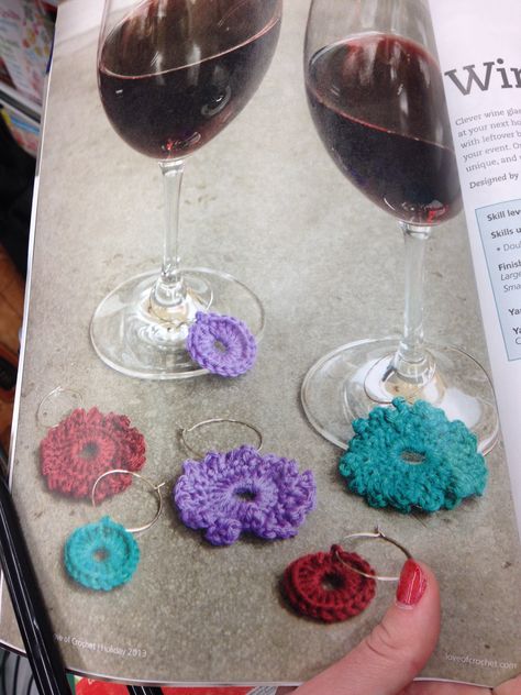 Wine charms Camping Crochet, Crochet Wine, Cup Cozies, Crochet Cup Cozy, Decorated Bottle, Glass Charms, Wine Glass Charms, Crochet Items, Wine Charms