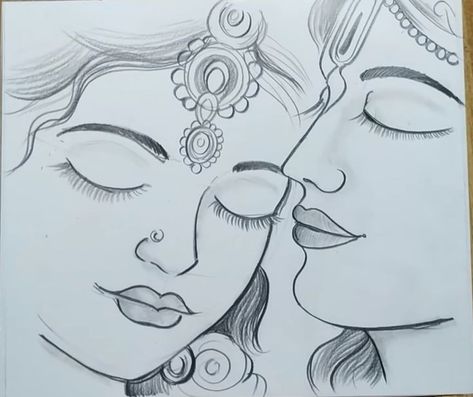 Radha Krishna Outline Drawing, Cute Radha Krishna Drawing, Radha Krishna Drawing Pencil Easy, Radhe Krishna Sketch, Radhe Krishna Drawing, Half Face Drawing, Pencil Sketches Easy, Pencil Drawing Images, Krishna Drawing