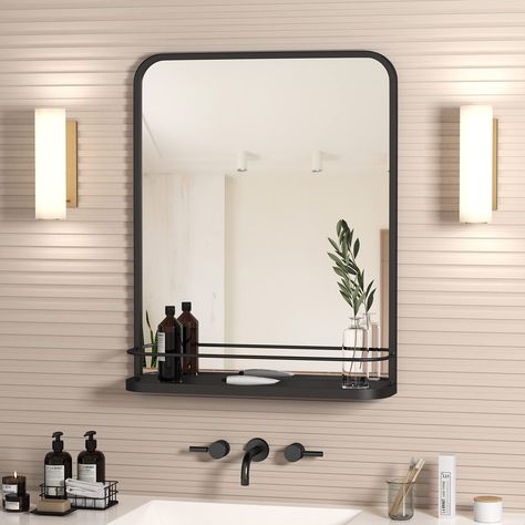 Large Bathroom Mirror, Black Modern Farmhouse, Farmhouse Bathroom Mirrors, Large Bathroom Mirrors, Bathroom Mirror With Shelf, Farmhouse Bathroom Vanity, Wall Mirror With Shelf, Large Bathroom, Mirror For Bathroom