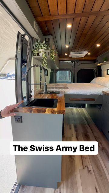 Patrick Botticelli on Instagram: "This bed pretty much does everything. It is a queen size, folds up into a sofa and reveals a dinette seating area with table then when folded back to bed, it gives you extra workstation space. #vanlife #camping #campervan @jerryscustomvans" Camper Van Bench Seat Bed, Slide Out Bed Van, Campervan Pop Up Roof Bed, Camper Van Queen Bed, Camper Van Front Seat Bed, Campervan Bed, Bed Back, Folded Up, Queen Size