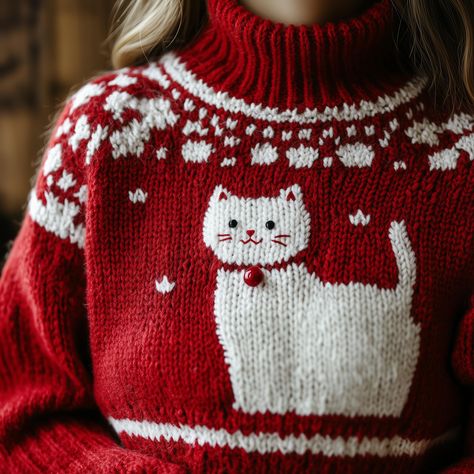 Shop: woolartdesign.etsy.com 💛 This adorable Christmas sweater knitting pattern features a playful white cat with a red button nose. It's perfect for beginner to intermediate knitters, with clear instructions and easy-to-follow charts. You'll get a detailed, knitting chart/pattern in PDF format. Materials needed: Yarn Knitting needles (size will depend on your yarn choice) Download and print: Once you purchase this digital download, you will receive access to download the PDF pattern to your de Styling Christmas Sweater, Christmas Sweaters Knitting Patterns, Holiday Sweater Pattern, Holiday Sweater Knitting Patterns, Fun Knitting Patterns, Knit Christmas Sweater Pattern, Knit Ugly Christmas Sweater Pattern, Cat Sweater Crochet Pattern, Cat Knitting Chart