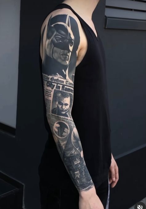 Batman Leg Tattoo, Dc Comics Tattoos Ideas, Gotham City Tattoo, Batman Sleeve Tattoo, Joker Sleeve Tattoo, Gotham Tattoo, Dc Tattoo Ideas, Batman Tattoo Design, Batman Tattoo Sleeve