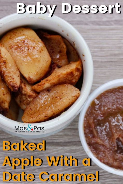 This simple recipe is both delicious and healthy making for a great dessert kids and even babies starting their first foods will love! It's just a few ingredients and can be ready in just 30 minutes! It makes for great finger foods for toddlers and older babies. #easyrecipe #dessert #baby #firstfood #healthydessert #bakedapple #caramel #babydesserts #toddlerdesserts Date Dip, Apple Recipes For Toddlers, Apples With Cinnamon, Sweet Potato Crackers, Baked Cinnamon Apples, Nutritious Desserts, Baked Apple Dessert, Gluten Free Recipes For Kids, Date Caramel