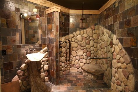 Bathrooms - - bathroom - cleveland - by Architectural Justice Stone Shower Walls, Rock Bathroom, River Rock Shower, Bathroom Design Wood, Rock Shower, Natural Stone Bathroom, Shower Remodel Diy, Small Shower Remodel, Bilik Air