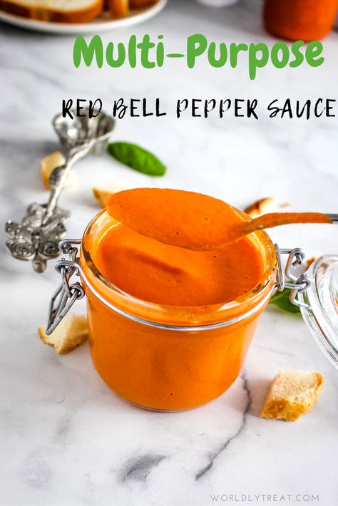 MULTI-PURPOSE RED BELL PEPPER SAUCE-Bonus salad dressing  healthy and deeply satisfying, this colorful sauce is especially delicious when used as a dressing, marinade, dip, or as a base sauce for numerous dishes.    #sauce #marinade #dip #salad #saladdressing #redbell #peppersauce  #july4th #easyrecipe Bell Pepper Sauce Recipe, Salad Dressing Healthy, Red Bell Pepper Sauce, Easy Nutritious Breakfast, Bell Pepper Sauce, Crunchy Asian Salad, Bell Pepper Soup, Bell Pepper Salad, Dressing Healthy