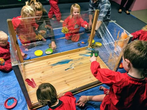 We wrapped cling film around the legs of an upside down table to create a new painting experience Cling Film Painting, Clingfilm Painting, Cling Wrap Painting, Upside Down Painting, Bubble Wrap Crafts, Easy Toddler Activities, Creative Area, Nature Projects, Early Childhood Teacher