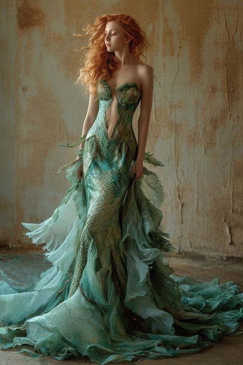 Mermaid Gala Dress, Siren Inspired Dress, Mermaid Inspired Dresses, Water Wedding Dress, Under The Sea Formal Dresses, Ocean Dress Design, Sirencore Dress, Midevil Dress To Impress, Dryad Outfit