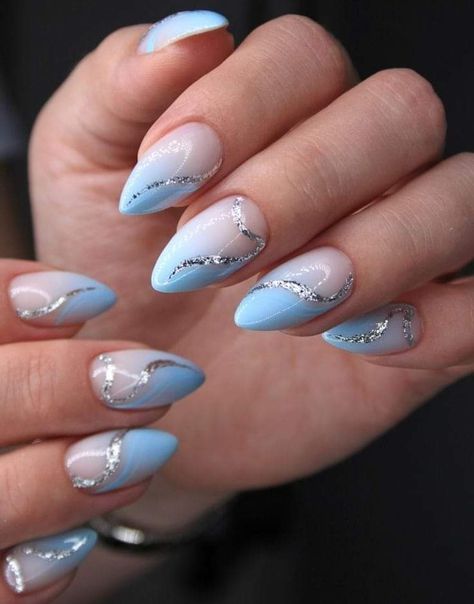 Nail Trends Almond, White And Blue Nails, Blue Ombre Nails, Quartz Nails, Gold Glitter Nails, Fancy Nails Designs, Beauty Nails Design, Nail Art Ombre, Nails 2024