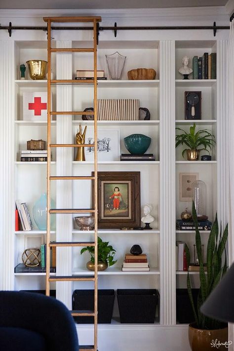 We still can't believe this glam home library (complete with rolling ladder!) was fashioned from three Ikea bookcases. #DIY Billy Ikea, Shoes Organizer, Closet Drawer, Ideas Closet, Ikea Billy Bookcase Hack, Ikea Bookcase, Ikea Bookshelves, Organizer Ideas, Ikea Billy Bookcase