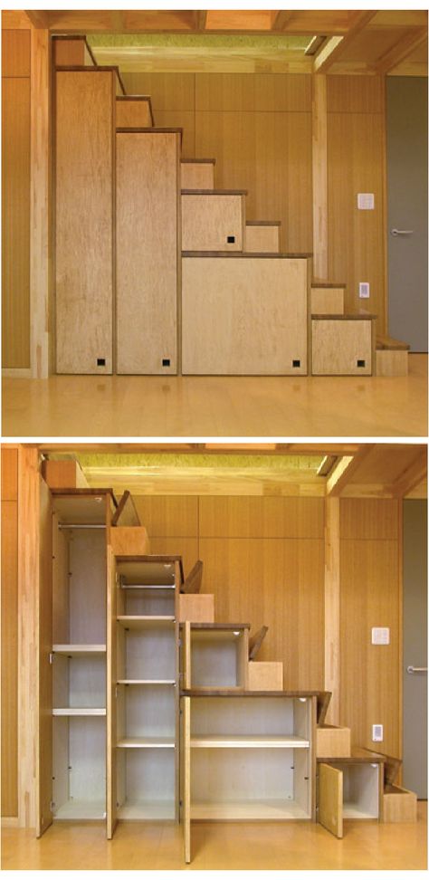 cabinets, stairs with flip up steps and very narrow stairs.  Each step goes up one at a time for each foot.  It is sort of spaced so you are putting one foot per step with a steeper step.  Very space-saving. Design Casa Piccola, Tiny House Hacks, تحت الدرج, Tiny House Furniture, Staircase Storage, Best Tiny House, Tiny House Inspiration, Stair Storage, Tiny Spaces