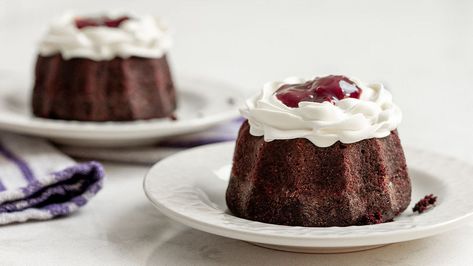 Whipped cream envelops a spoonful of robust cherry compote atop a delicious, dark chocolate mini Bundt cake with this Black Forest Mini Bundt Cake recipe. Mini Bundt Cakes Recipes, Tube Cake Pan, Cherry Compote, Bundt Cake Recipe, Mini Bundt, Single Serve Desserts, Mini Bundt Cakes, Best Low Carb Recipes, Chocolate World