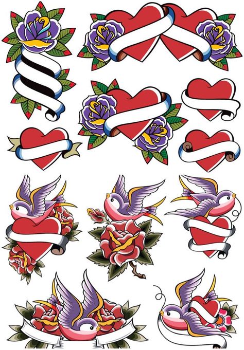 Geometric Tattoo Vector, Color Tattoo Designs, Scroll Tattoos, Heart Tattoos With Names, Traditional Heart Tattoos, Little Heart Tattoos, Tattoo Banner, Sacred Heart Art, Red Heart Tattoos