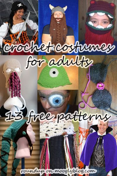 Crochet Costumes for Adults! - free pattern roundup on mooglyblog.com Crochet Wig Pattern, Free Crochet Halloween, Crochet Halloween Decorations, Crochet Halloween Costume, Costume Concepts, Star Wars Crochet, Costumes For Adults, Crochet Costumes, Mascaras Halloween