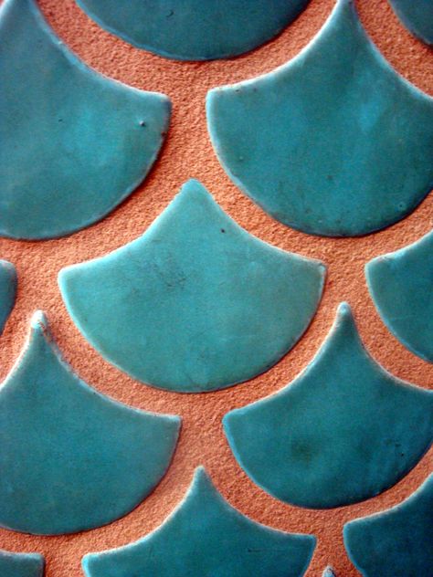 gingko leaf tile Orange Tiles, Blue And Orange, Kitchen Backsplash, Backsplash, Close Up, Tile, Orange, Wall, Blue