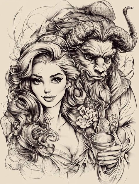 Beauty And The Beast Rose Wallpapers, Beauty And The Beast Black And White, Ouat Tattoos, Beauty Beast Tattoo, Beauty And The Beast Drawings, Beauty And The Beast Artwork, Wolf Lady, Disney Characters Tattoos, Dark Disney Tattoo