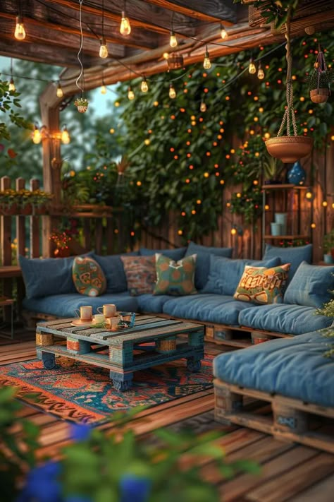 31 Gorgeous Outdoor Patio Ideas to Try Now 30 Patio Sitting Area Ideas, Patio Pallet Ideas, Boho Deck Patio, Boho Exterior House, Patio Sanctuary, Eclectic Patio, Outdoor Patio Design Ideas, Boho Outdoor Space, Gravel Stones