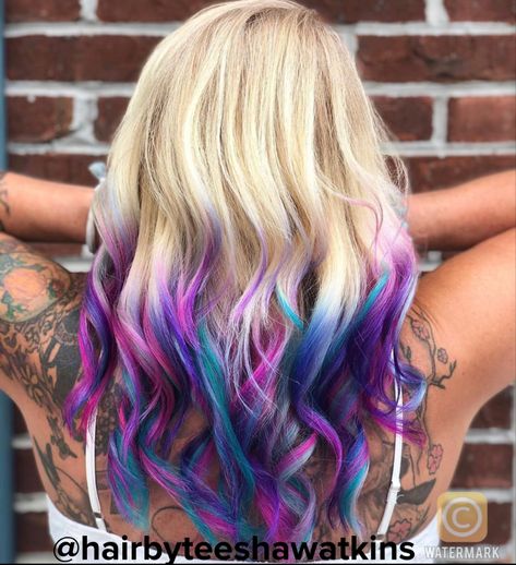 Purple blue teal pink balayage pulpriot vivids 2023 Vivid Hair Trends, Blonde Hair With Vivid Colors, Blonde Hair Purple Highlights, Hair Purple Highlights, Blonde Hair With Purple, Purple Underneath Hair, Purple Hair Tips, Purple Blonde Hair, Hair With Purple