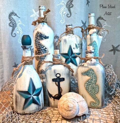 Coastal Wine Bottle Crafts, Beach Wine Bottle Crafts, Pirate Bottles Diy, Candle Jars Crafts, Nautical Bottle, Wine Bottle Crafts Christmas, Crystal Suncatchers Diy, Beach Themed Crafts, Nautical Vintage