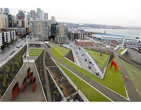 Seattle Art Museum Olympic Sculpture Park (by Weiss/Manfredi) Olympic Sculpture Park, Green Roof Garden, Seattle Art Museum, California Academy Of Sciences, Living Roofs, Olympic Park, Seattle Art, Areas Verdes, Concrete Building