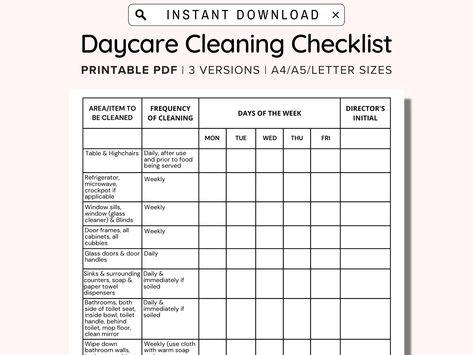 Cleaning Schedule For Classroom, Daycare Cleaning Schedule, Classroom Cleaning Schedule, Daycare Cleaning Checklist, Classroom Cleaning Checklist, Daycare Checklist, Daycare Printables Forms, Daycare Printables, Daycare Organization