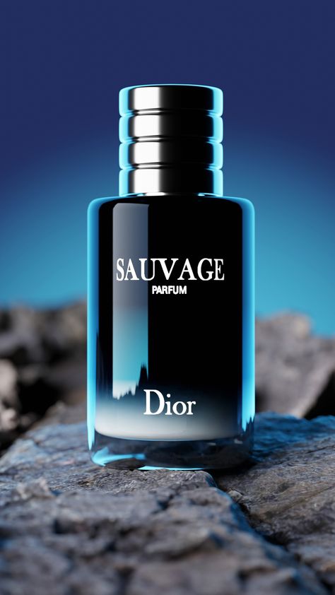 This 3D artwork features a photorealistic rendering of the Dior Sauvage Parfum bottle. The sleek design and midnight blue gradient of the bottle are highlighted against a rugged, rocky backdrop. The precise details and reflective surfaces emphasize the luxurious appeal of the fragrance. Created with advanced 3D modeling techniques, this piece showcases the intersection of art and high-end design. Dior Sauvage Perfume, Sauvage Perfume, Zara Parfum, Perfume Man, 3d Digital Art, Dior Parfum, Parfum Bottle, Dior Sauvage, Photorealistic Rendering