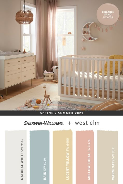 Go ga-ga for modern nursery paint colors from Sherwin-Williams. Tap this pin to explore all 22 hues from the @westelm Spring/Summer 2021 paint palette, including Likeable Sand SW 6058. . #sherwinwilliams #westelm #DIY #decor #nursery #interiordesign #homedecor #painting #colorinspiration #renovation #paint #spring #summer Best Nursery Paint Colors Sherwin Williams, Nursery Paint Palette, Wall Color For Nursery, Best Pastel Paint Colors, Sw Nursery Paint Colors, Neutral Nursery Palette, Nursery Room Colours, Nursery Wall Colour Ideas, Wherein Williams Nursery Colors