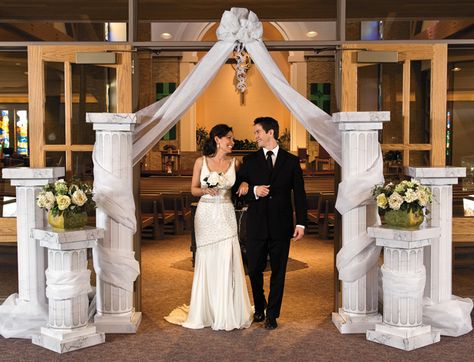 Wedding Column Decoration Ideas Pillar Decorations, Wedding Columns, Wedding Alter, Wedding Pillars, Draping Ideas, Wedding Ceiling, Wedding Decorating, Fluted Columns, Church Wedding Decorations