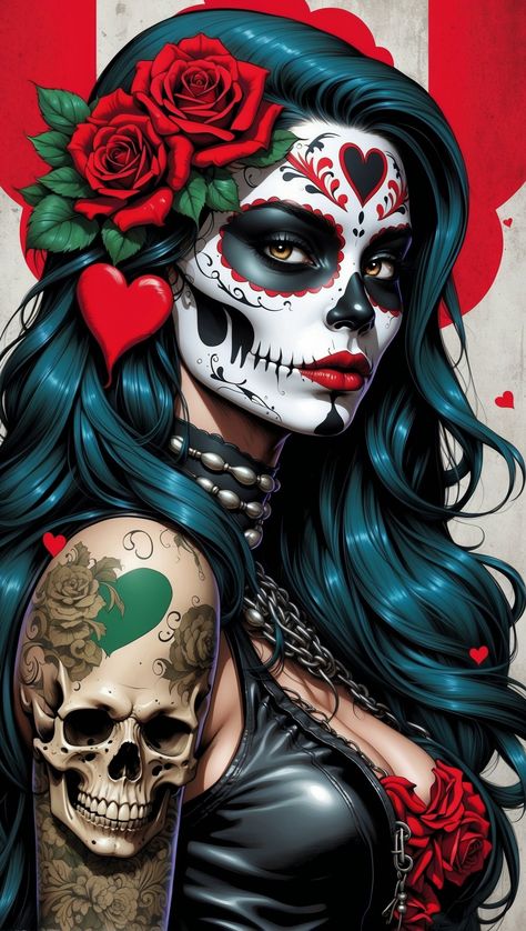 The Love of a Mexicana 🇲🇽 Sugar Skull Art Painting, Sugar Skull Art Drawing, Punk Cartoon, Sugar Skull Wallpaper, Pop Art Marilyn, Halloween Makeup Sugar Skull, Backpiece Tattoo, Goth Disney, Catrina Tattoo