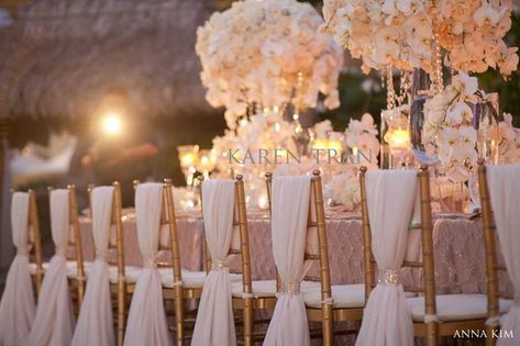 I like this idea for sashes on chivari chairs. Chivari Chairs, Gold Chair, Chair Sash, Wedding Chair, Maui Weddings, Wedding Chairs, Wedding Wishes, Fairytale Wedding, Reception Decorations