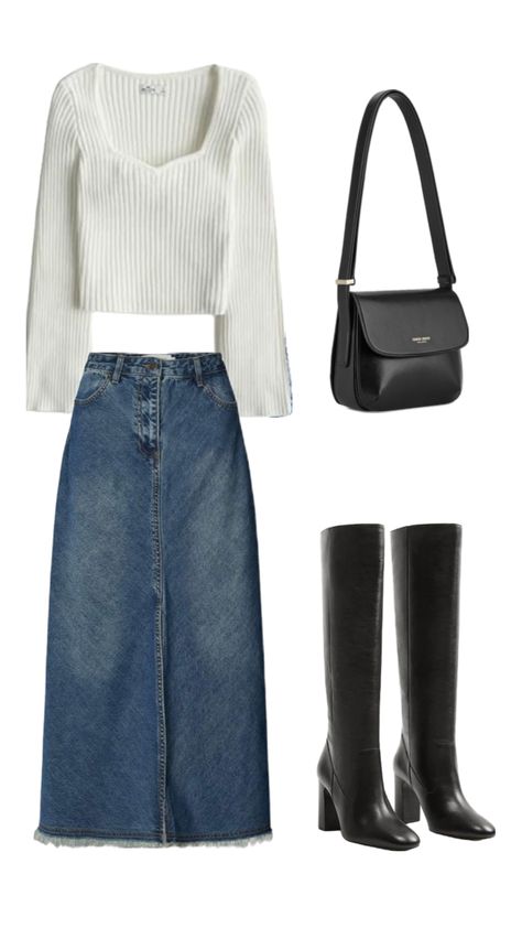 #fall #preppy #outfit #vibes #fashion #cute #outfitinspo #outfitideas #outfitinspiration #ootd #autumn #pretty #black #white #skirt #vintage #music #makeup #classy #basic #aesthetic Vintage Denim Skirt Outfit, Preppy Black Skirt For Fall, Black Grunge Denim Skirt For Fall, Long Black Demin Skirt Outfits Aesthetic, White Skirt Fall Outfit, Black Skirt Outfit Ideas, Long White Skirt Outfit Aesthetic, Aesthetic Long Denim Skirt Outfit, Vintage Denim Skirt