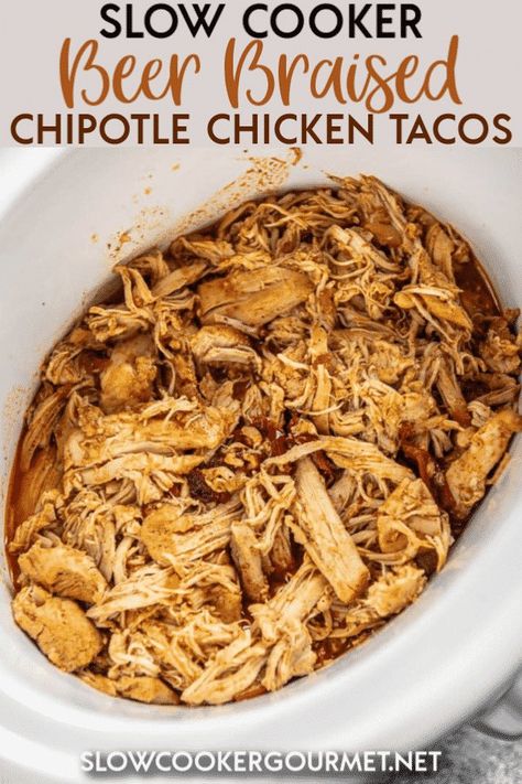 Say goodbye to boring tacos! You won't believe how easy it is to make these Slow Cooker Beer Braised Chipotle Chicken Tacos! Plus, the flavor can't be beat! #slowcooker #tacorecipe #chickenrecipe Slow Cooker Beer Chicken, Beer Chicken Crockpot, Chipotle Chicken Tacos, Beer Braised Chicken, Braised Chicken Recipes, Slow Cooker Chicken Tacos, Beer Chicken, Recipe Using Chicken, Chicken Tacos Crockpot