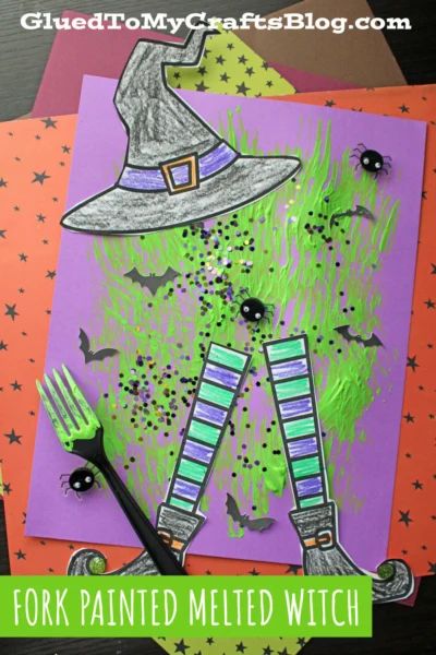 Fork Painted Melted Witch Craft - Glued To My Crafts Witch Craft For Preschoolers, Witch Art Preschool, Witches And Wizards Activities, Witch Craft For Toddlers, Preschool Witch Crafts, Witch Craft For Preschool, Witch Activity Preschool, Witch Craft For Kids, Halloween Witch Crafts