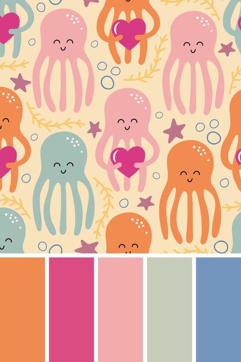 Love Pattern, Paint Swatches, Colour Schemes, Sea Life, Color Scheme, Octopus, Wrapping Paper, Cute Cartoon, Color Schemes