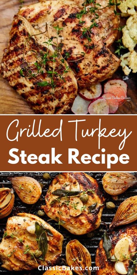 Grilled Turkey Breast Recipes, Turkey Steak Recipes, Grilled Turkey Breast, Turkey Steaks, Turkey Bbq, Marinated Turkey Breast, Marinated Turkey, Turkey Chops, Brine Recipe